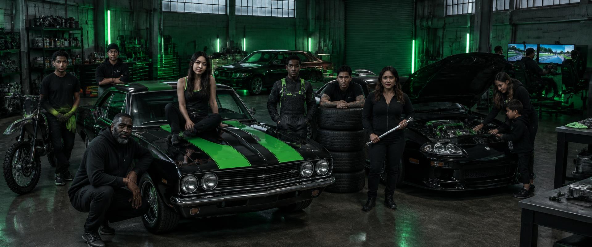Mayhem crew concept artwork: a larger ensemble of car people from many disciplines gathered in the green-lit garage